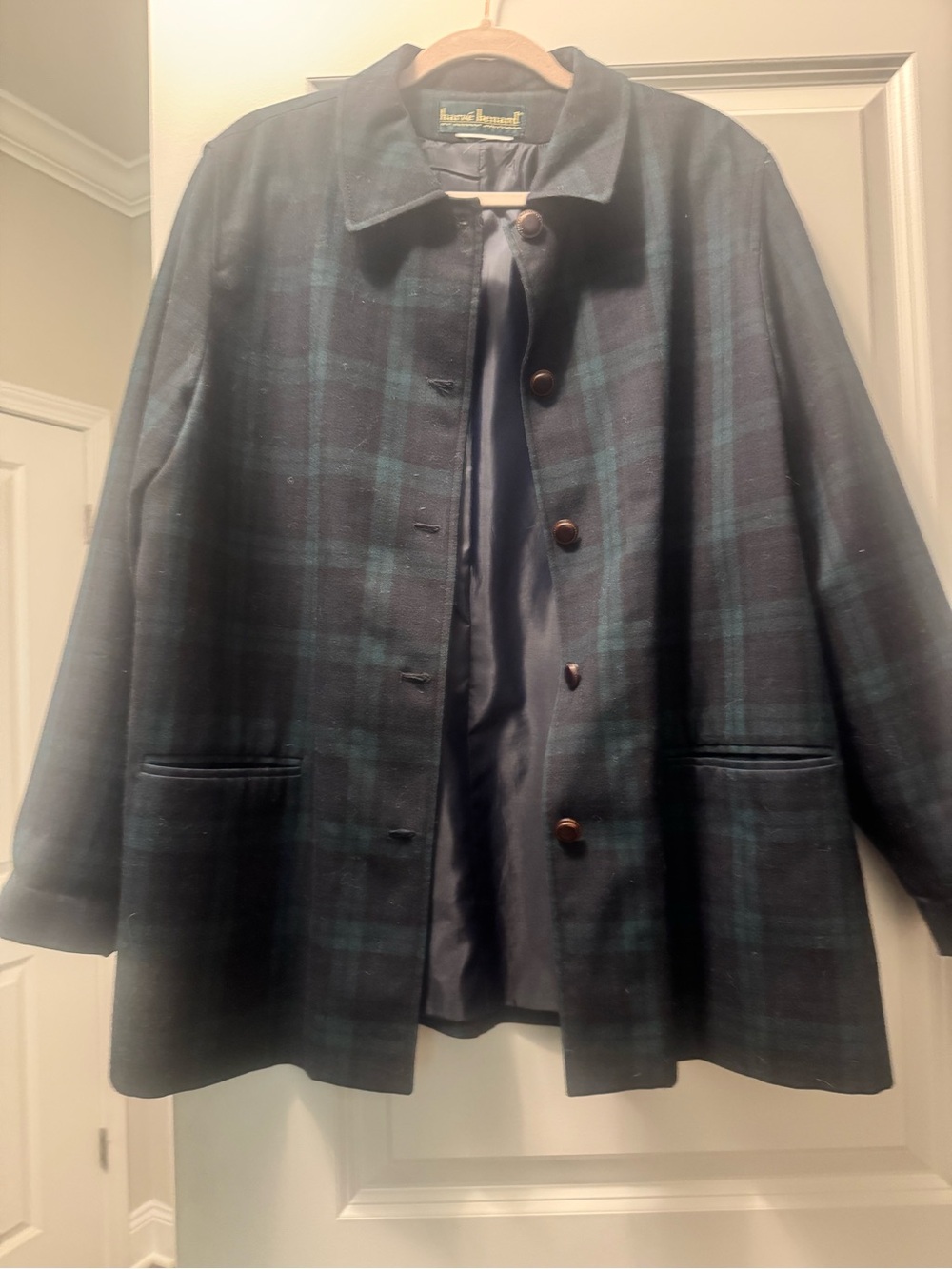 Harve Benard Black and Dark Green Plaid Wool Coat